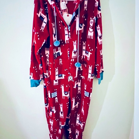 Munki Munki Plush One Piece Red Llama Zip Fleece Pajamas Small Hooded Onesie - Picture 4 of 7